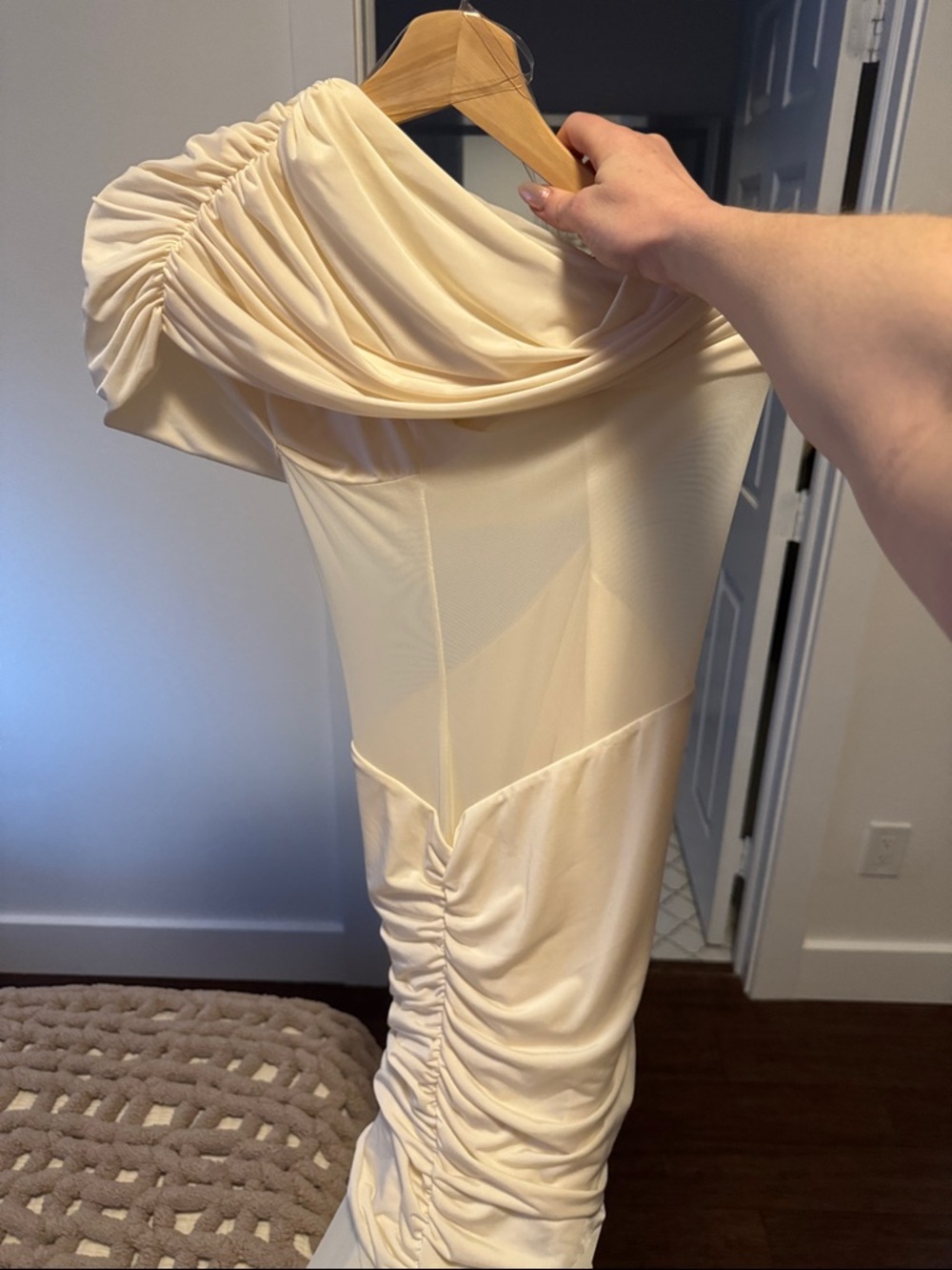 Meshki Dallas Dress-Ivory- One-Shoulder Asymmetrical Ruched Maxi Dress - Picture 7 of 8